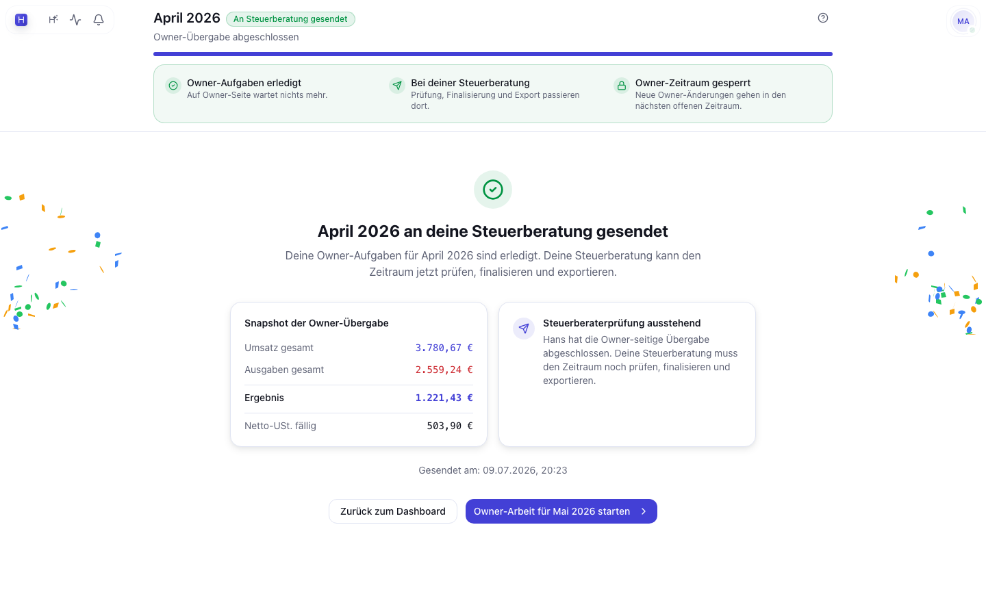 Monatsabschluss im Produkt für Kreuzberg Core Pilates GmbH