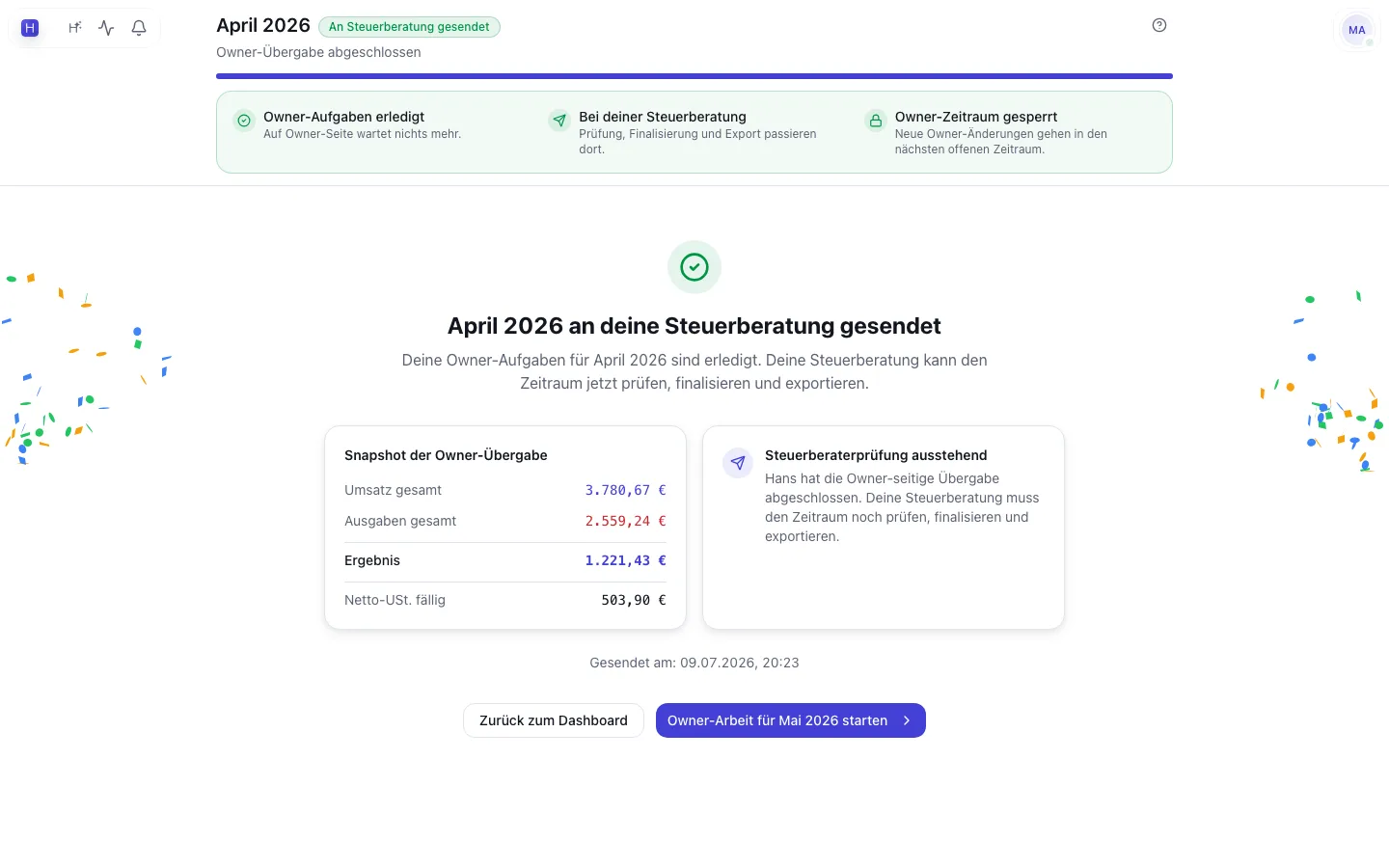 Visual zum Monatsabschluss-Paket für Kreuzberg Core Pilates GmbH: Nachweise gehen in Hans, ein Monatsabschluss-Paket geht in den Kanzlei-Review.